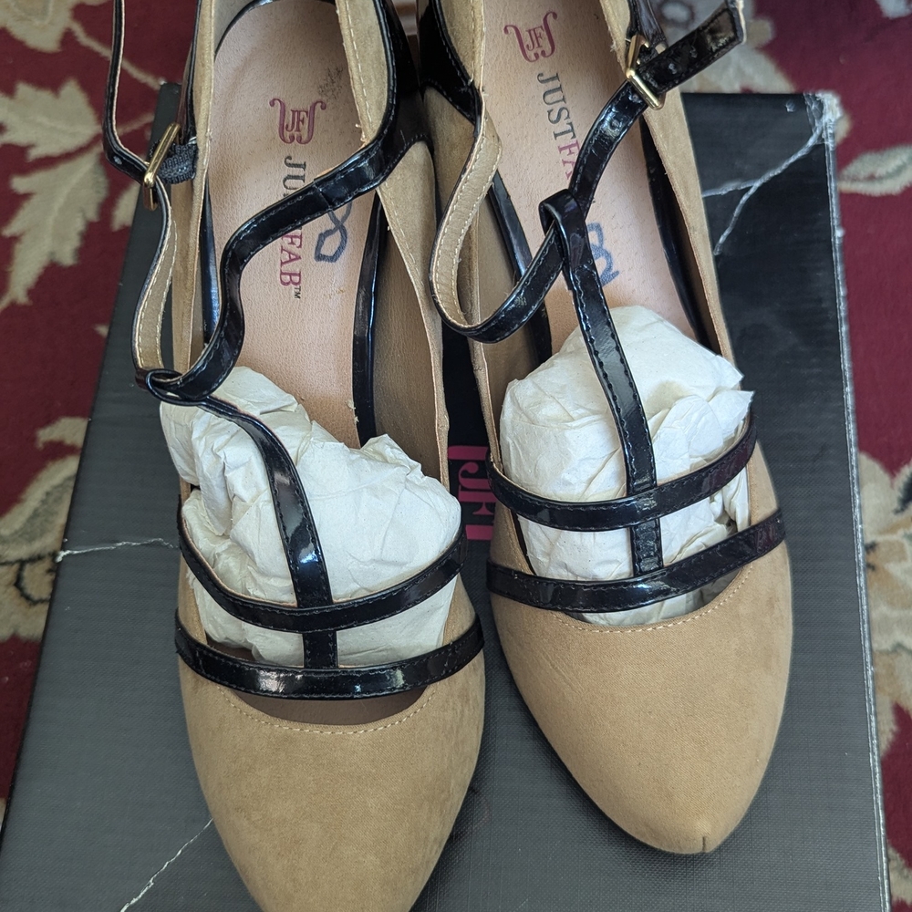 JustFab Tan and Black T-Bar Heels